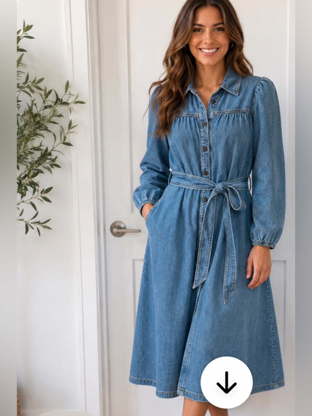 Boden Light Denim Long Sleeve Button-Front Shirt Dress with Tie Belt